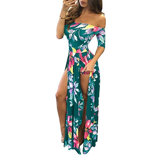 

Women's Sheath Dress Maxi long Dress Blue Purple Green Sleeveless Print Split Patchwork Print Fall Spring Strapless Elegant Vintage Party Going out 2021 L XL XXL 3XL 4XL 5XL / Plus Size / Plus Size