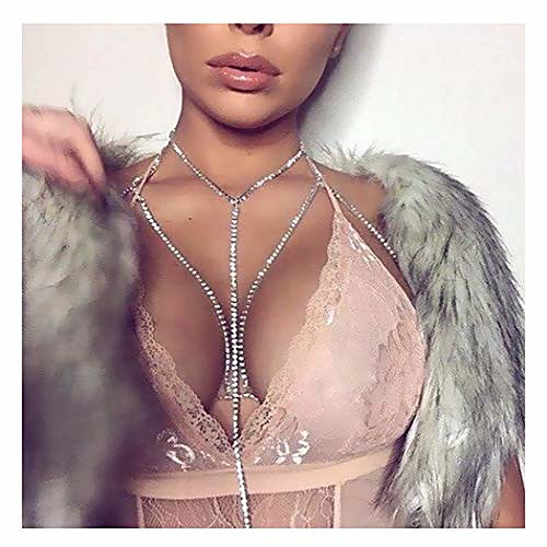 

multilayered rhinestone body chains long choker necklace crystal festival gold crossover bar sexy bikini harness fashion nightclub beach jewery accessories for women and girls (gold)