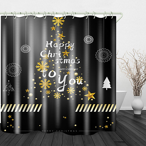

Merry Christmas With Gold Star On Black Print Waterproof Fabric Shower Curtain For Bathroom Home Decor Covered Bathtub Curtains Liner Includes With Hooks