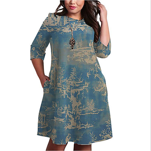 

Women's Shift Dress Knee Length Dress Blue 3/4 Length Sleeve Print Print Fall Spring Round Neck Casual Loose 2021 XXL 3XL 4XL 5XL 6XL / Plus Size