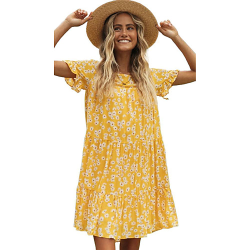 

Women's A Line Dress Short Mini Dress Yellow Short Sleeve Floral Smocked Ruffle Patchwork Spring Summer Round Neck Casual Sexy Going out Slim 2021 S M L XL / Cotton / Cotton / Print