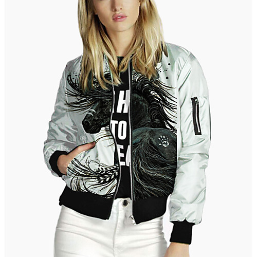 

Women's Jacket Going out Fall & Winter Regular Coat Stand Collar Loose 3D Print Streetwear Jacket Long Sleeve Print Patchwork Black / Work