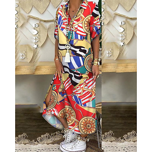 

Women's Swing Dress Maxi long Dress Blue Gray Dusty Blue White Red 3/4 Length Sleeve Print Fall Winter Casual Loose 2021 S M L XL XXL 3XL