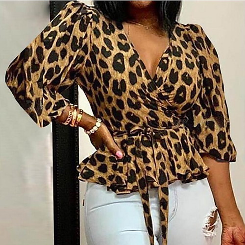 

Women's Plus Size Blouse Leopard Long Sleeve V Neck Tops Yellow Light Brown Gray