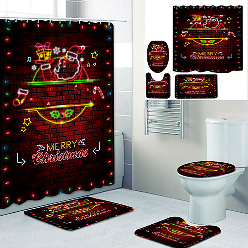 

Christmas Lights Background Printed Bathtub Curtain Liner Covered With Waterproof Fabric Shower Curtain For Bathroom Home Decoration With Hook Floor Mat And Four-piece Toilet Mat