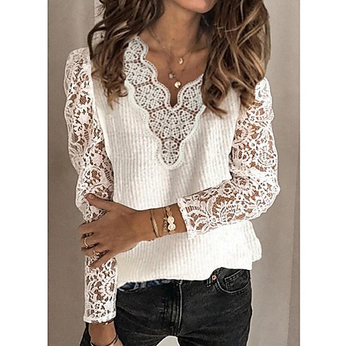 

Women's Basic Hollow Out Knitted Solid Color Pullover Cotton Long Sleeve Sweater Cardigans V Neck Fall Winter White