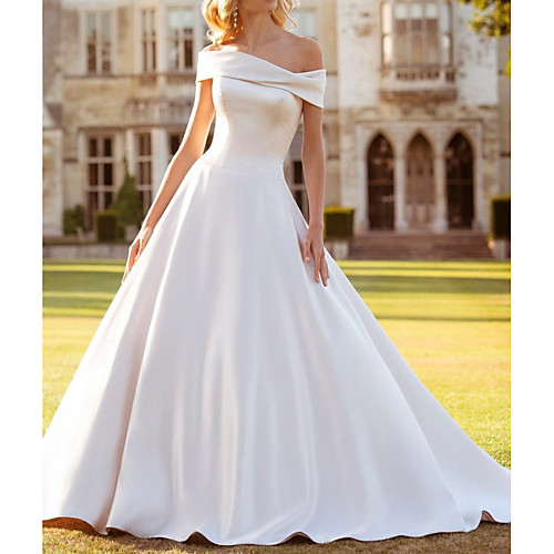 

A-Line Wedding Dresses Off Shoulder Floor Length Satin Sleeveless Simple with Bow(s) 2021