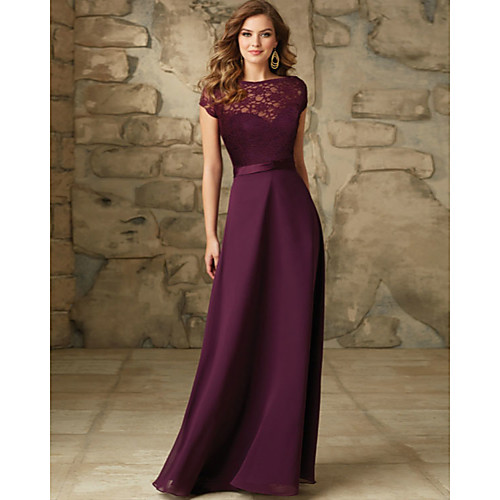 

A-Line Bateau Neck Floor Length Chiffon / Lace Bridesmaid Dress with Sash / Ribbon / Open Back