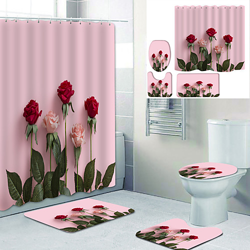 

Pink Romance Printed Bathtub Curtain Liner Covered With Waterproof Fabric Shower Curtain For Bathroom Home Decoration With Hook Floor Mat And Four-piece Toilet Mat