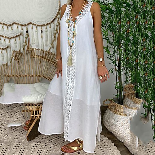 

Women's Swing Dress Maxi long Dress Blue Blushing Pink White Black Sleeveless Solid Color Split Lace Patchwork Spring Summer V Neck Casual Loose 2021 M L XL XXL 3XL 4XL 5XL