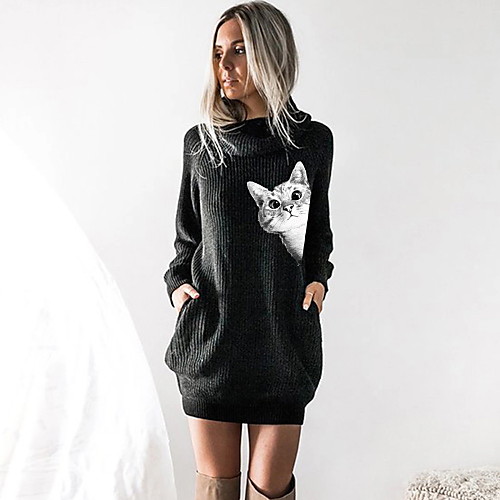 

Women's T shirt Dress Graphic Prints Animal Long Sleeve Cowl Neck Tops Black Wine Camel