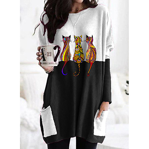 

Women's T shirt Dress Tunic Cartoon Cat Graphic Prints Long Sleeve Pocket Patchwork Round Neck Tops Basic Basic Top Black Gray