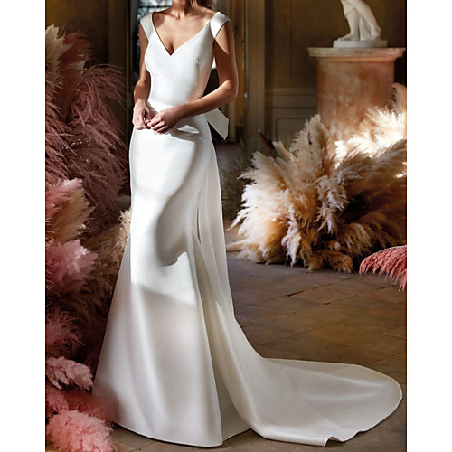 

Mermaid / Trumpet Wedding Dresses V Neck Sweep / Brush Train Satin Sleeveless Country Simple with Bow(s) 2021