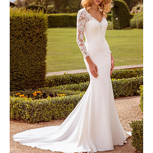 

Mermaid / Trumpet Wedding Dresses V Neck Sweep / Brush Train Lace Stretch Satin Long Sleeve Country Simple with Appliques 2021