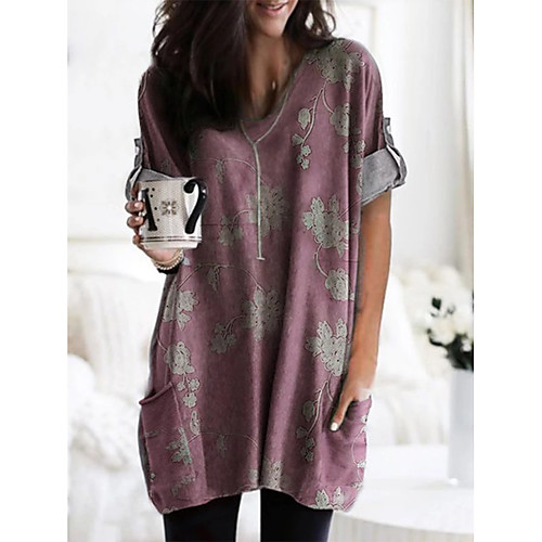 

Women's T Shirt Dress Tee Dress Short Mini Dress Blue Purple Green Black Red Long Sleeve Floral Pocket Print Fall Summer V Neck Casual Loose 2021 S M L XL XXL 3XL 4XL 5XL / Plus Size / Plus Size