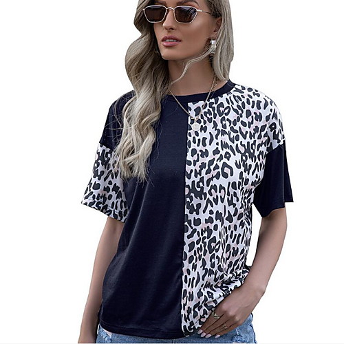 

Women's T shirt Leopard Round Neck Tops Basic Basic Top Black Navy Blue Gray