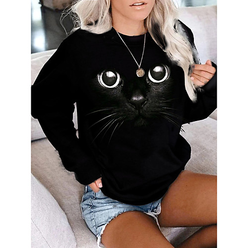 

Women's Pullover Sweatshirt Cat Graphic 3D Print Daily 3D Print Basic Casual Hoodies Sweatshirts Black