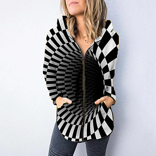

Women's Hoodied Jacket Going out Fall & Winter Regular Coat Loose 3D Print Sporty Jacket Long Sleeve Print Patchwork Black / Work