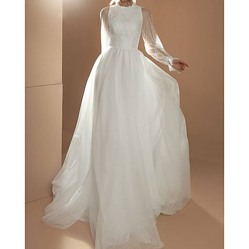 

A-Line Wedding Dresses Jewel Neck Court Train Tulle Long Sleeve Simple with 2021