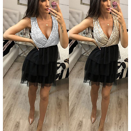 

Women's Sheath Dress Knee Length Dress Silver Gold Sleeveless Color Block Sequins Mesh Fall Spring V Neck Sexy Party Club Slim 2021 S M L XL