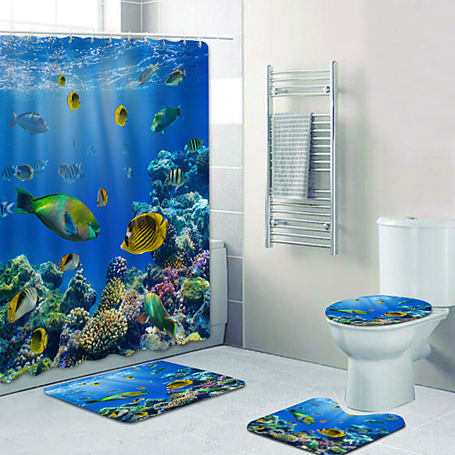 

Coral Fish Digital Printing Four-piece Set Shower Curtains And Hooks Modern Polyester Machine Made Waterproof Bathroom