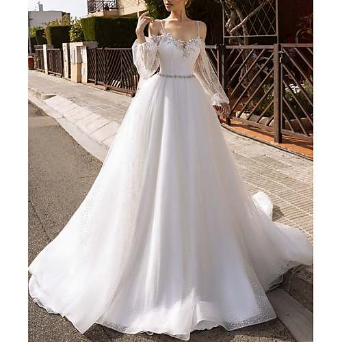 

A-Line Wedding Dresses V Neck Chapel Train Lace Tulle Sleeveless Country Sparkle & Shine with Sashes / Ribbons Appliques 2021