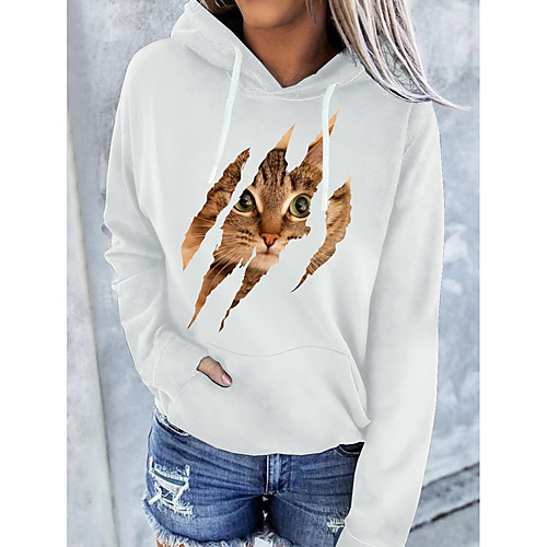 

Women's Hoodie Pullover Cat Graphic 3D Front Pocket Daily Basic Casual Hoodies Sweatshirts Gray White Black