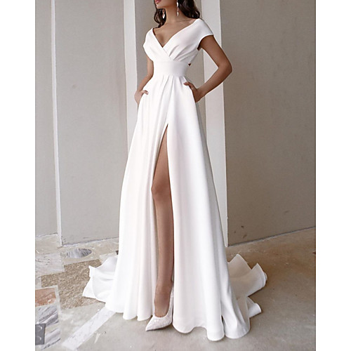 

A-Line Wedding Dresses V Neck Sweep / Brush Train Stretch Satin Sleeveless Simple Beach with Split Front 2021