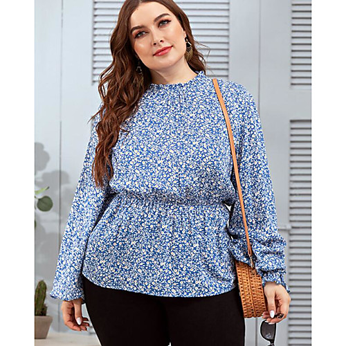 

Women's T shirt Floral Long Sleeve Round Neck Tops Basic Basic Top Blue