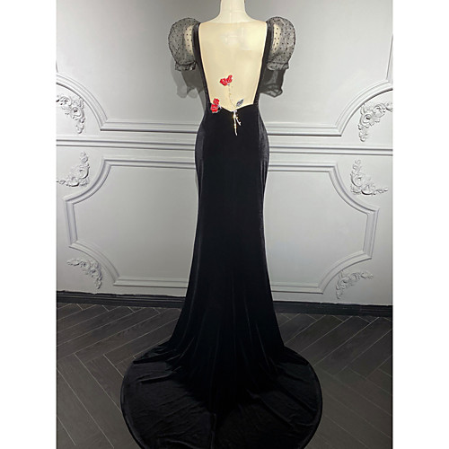 

Mermaid / Trumpet Elegant Vintage Engagement Formal Evening Dress V Neck Short Sleeve Sweep / Brush Train Velvet with Appliques 2021