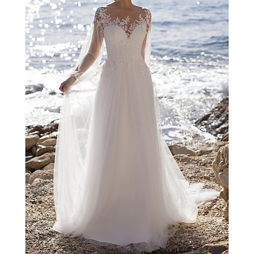 

A-Line Wedding Dresses Jewel Neck Floor Length Lace Tulle Long Sleeve Beach with Appliques 2021