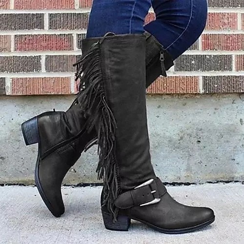 

Women's Boots Chunky Heel Round Toe Crotch High Boots Casual Daily Walking Shoes PU Tassel Solid Colored Black Purple Burgundy / Knee High Boots