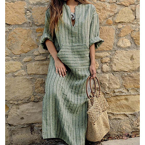 

Women's Shift Dress Maxi long Dress Gray Green Red Long Sleeve Striped Print Fall V Neck Casual Loose 2021 S M L XL XXL 3XL 4XL 5XL / Plus Size / Plus Size