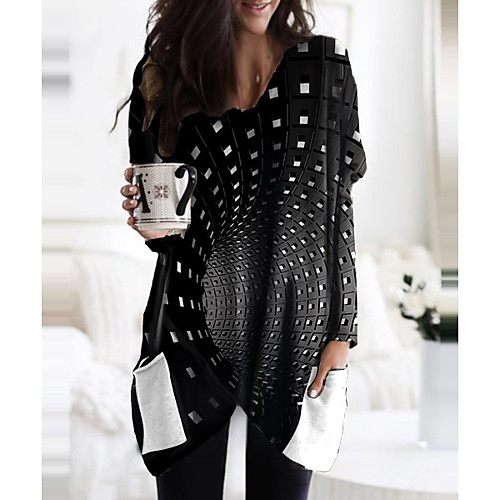 

Women's Shift Dress Short Mini Dress Black Long Sleeve Geometric Print Fall Spring V Neck Casual Loose 2021 M L XL XXL 3XL