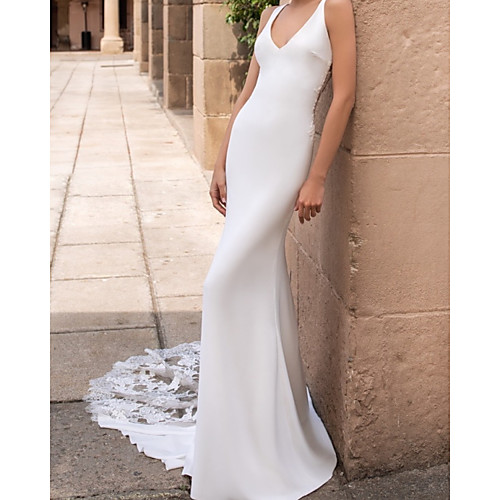 

Sheath / Column Wedding Dresses V Neck Court Train Lace Satin Sleeveless Country with 2021