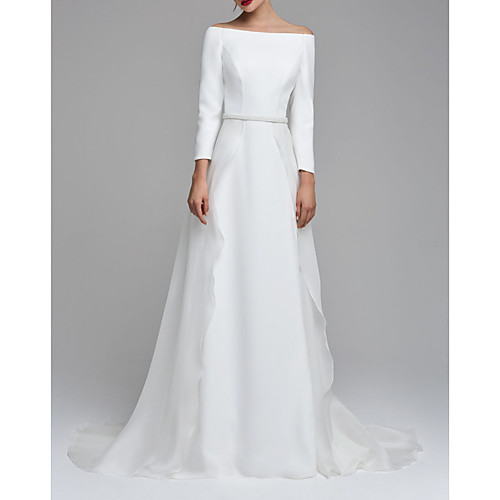 

A-Line Wedding Dresses Off Shoulder Court Train Detachable Chiffon Satin Long Sleeve Simple with 2021