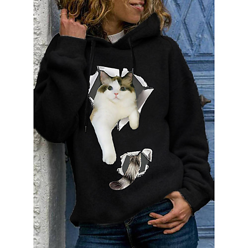 

Women's Hoodie Pullover Cat Graphic 3D Print Daily 3D Print Basic Casual Hoodies Sweatshirts Gray Khaki Black