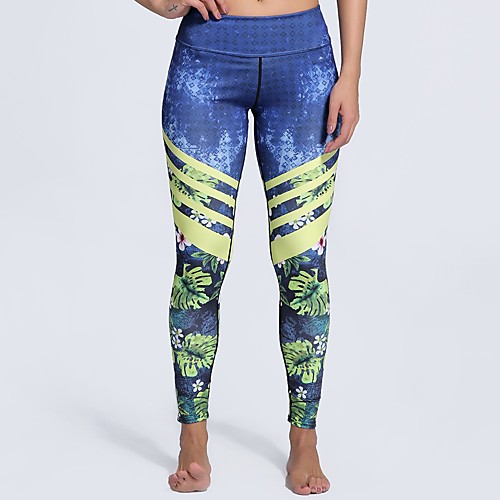 

Women's Basic Casual Comfort Daily Gym Leggings Pants Flower Ankle-Length Patchwork Print Blue