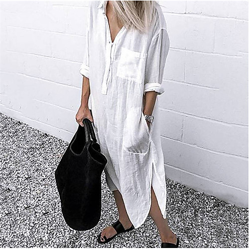 

Women's Shirt Dress Midi Dress Blue Yellow Dusty Blue White Dark Gray Red Long Sleeve Solid Color Split Pocket Patchwork Fall Spring Shirt Collar Casual 2021 S M L XL XXL 3XL 4XL 5XL / Plus Size