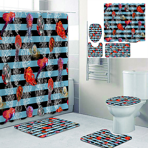 

Marine Life Printed Bathtub Curtain Liner Covered With Waterproof Fabric Shower Curtain For Bathroom Home Decoration With Hook Floor Mat And Four-piece Toilet Mat