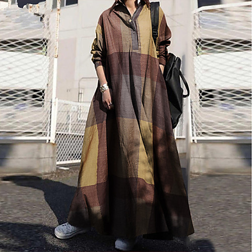 

Women's Swing Dress Maxi long Dress Blue Yellow Red Half Sleeve Solid Color Patchwork Button Fall Spring Shirt Collar Vintage Loose 2021 S M L XL XXL 3XL 4XL 5XL / Plus Size / Plus Size