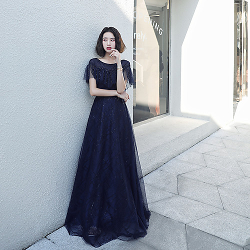 

A-Line Glittering Elegant Wedding Guest Prom Dress Illusion Neck Short Sleeve Floor Length Tulle with Beading Lace Insert 2021