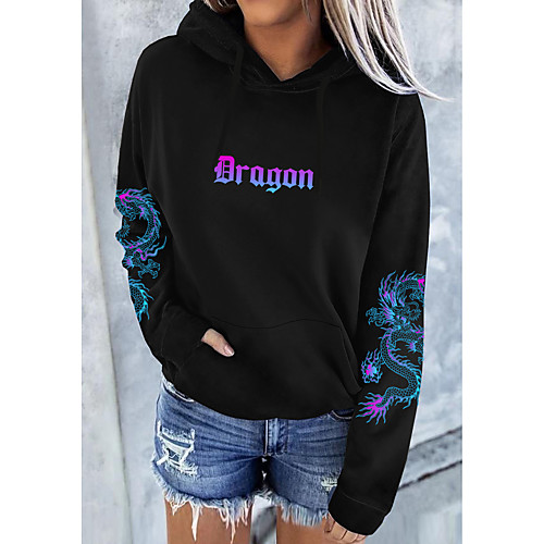 

Women's Hoodie Pullover Dragon Graphic Text Front Pocket Daily Basic Casual Hoodies Sweatshirts White Black