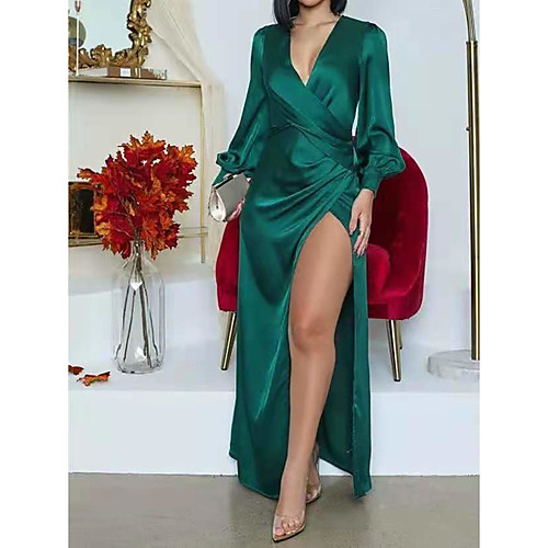 

Women's Sheath Dress Maxi long Dress Green Long Sleeve Solid Color Zipper Patchwork Fall Spring Round Neck Casual 2021 S M L XL / Cotton / Cotton