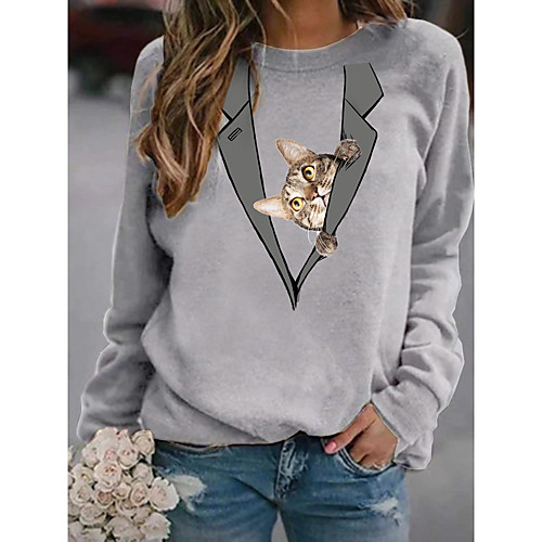 

Women's Pullover Sweatshirt Cat Graphic 3D Print Daily 3D Print Basic Casual Hoodies Sweatshirts Gray White Black