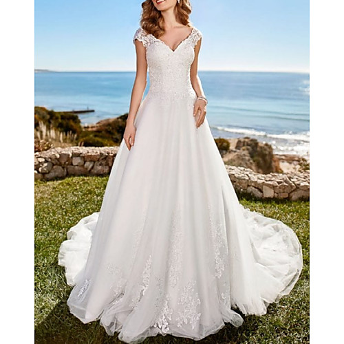 

A-Line Wedding Dresses V Neck Court Train Lace Tulle Sleeveless Country Romantic with Appliques 2021
