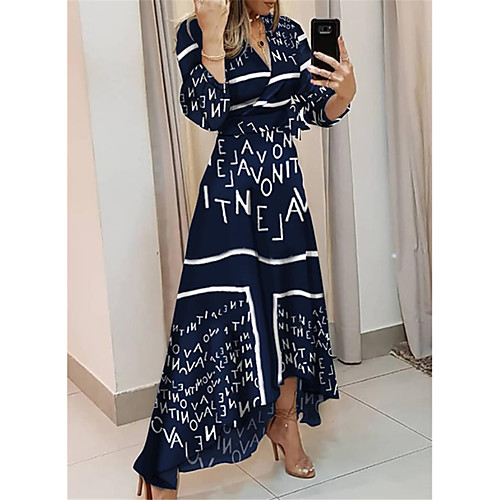 

Women's Swing Dress Maxi long Dress Blue White 3/4 Length Sleeve Print Letter Patchwork Print Spring Summer V Neck Elegant Casual Going out vacation dresses 2021 S M L XL XXL 3XL