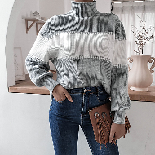 

Women's Stylish Knitted Color Block Pullover Long Sleeve Sweater Cardigans Turtleneck Fall Winter Gray