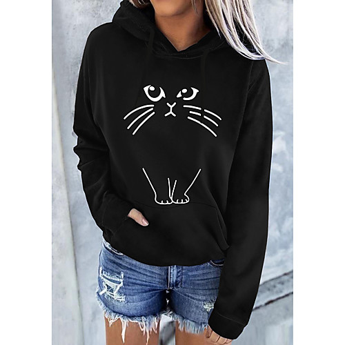 

Women's Hoodie Pullover Cat Graphic Front Pocket Daily Basic Casual Hoodies Sweatshirts Black