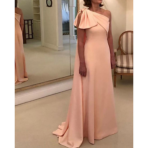 

Sheath / Column One Shoulder Sweep / Brush Train Polyester Bridesmaid Dress with Bow(s)